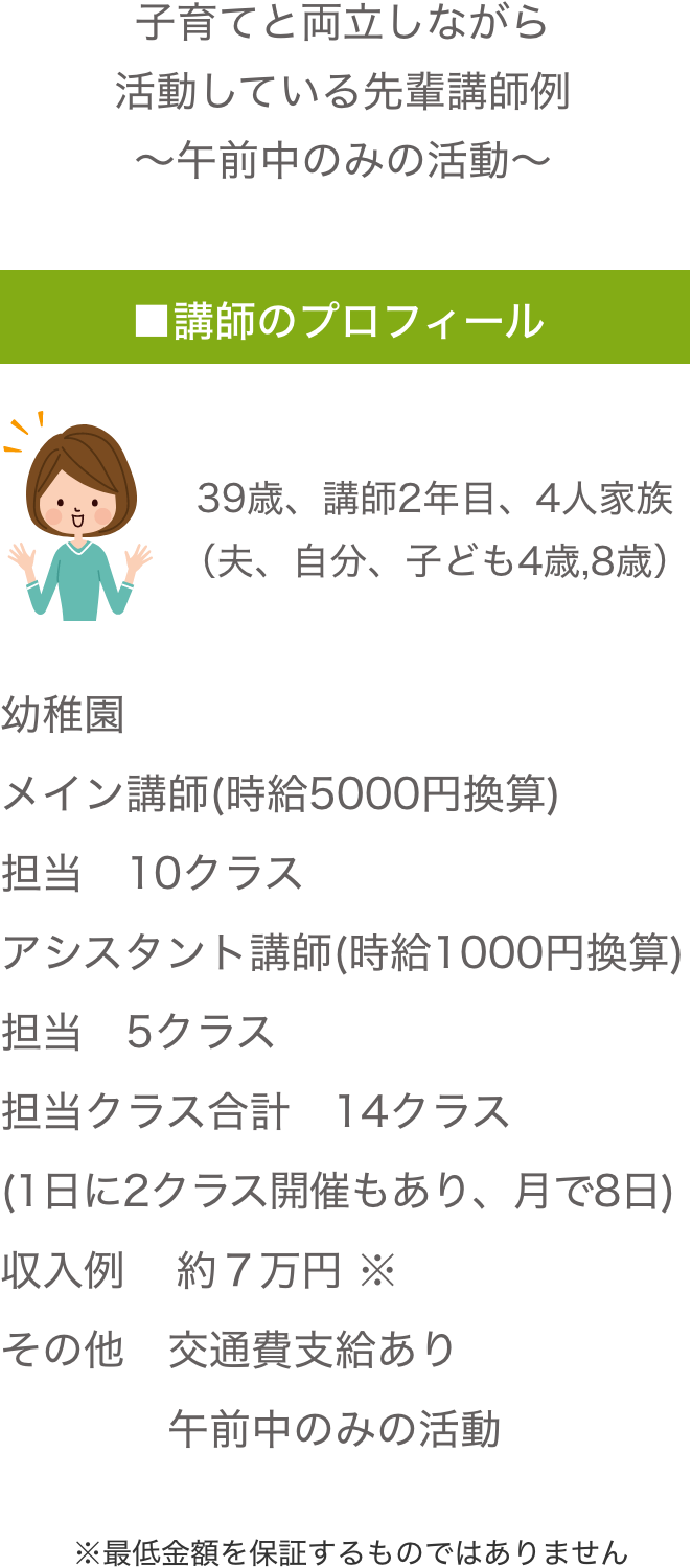 子育てと両立しながら活動している先輩講師例
                ～午前中のみの活動～